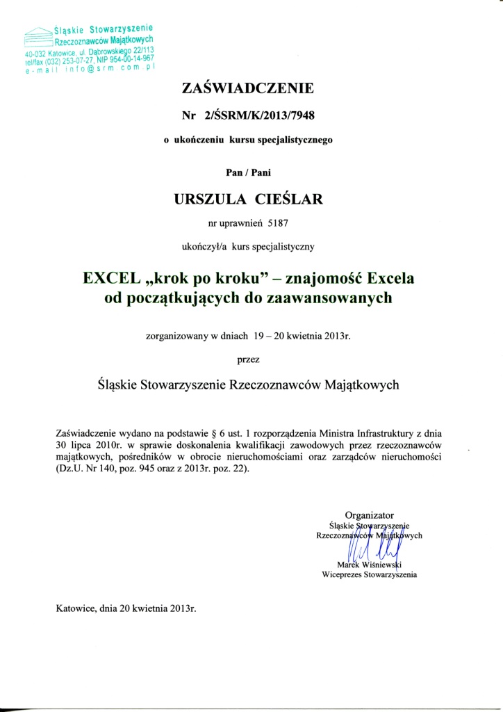 Zaświadczenie o ukończeniu szkolenia EXCEL krok po kroku - znajomość Excela od początkujących do zaawansowanych